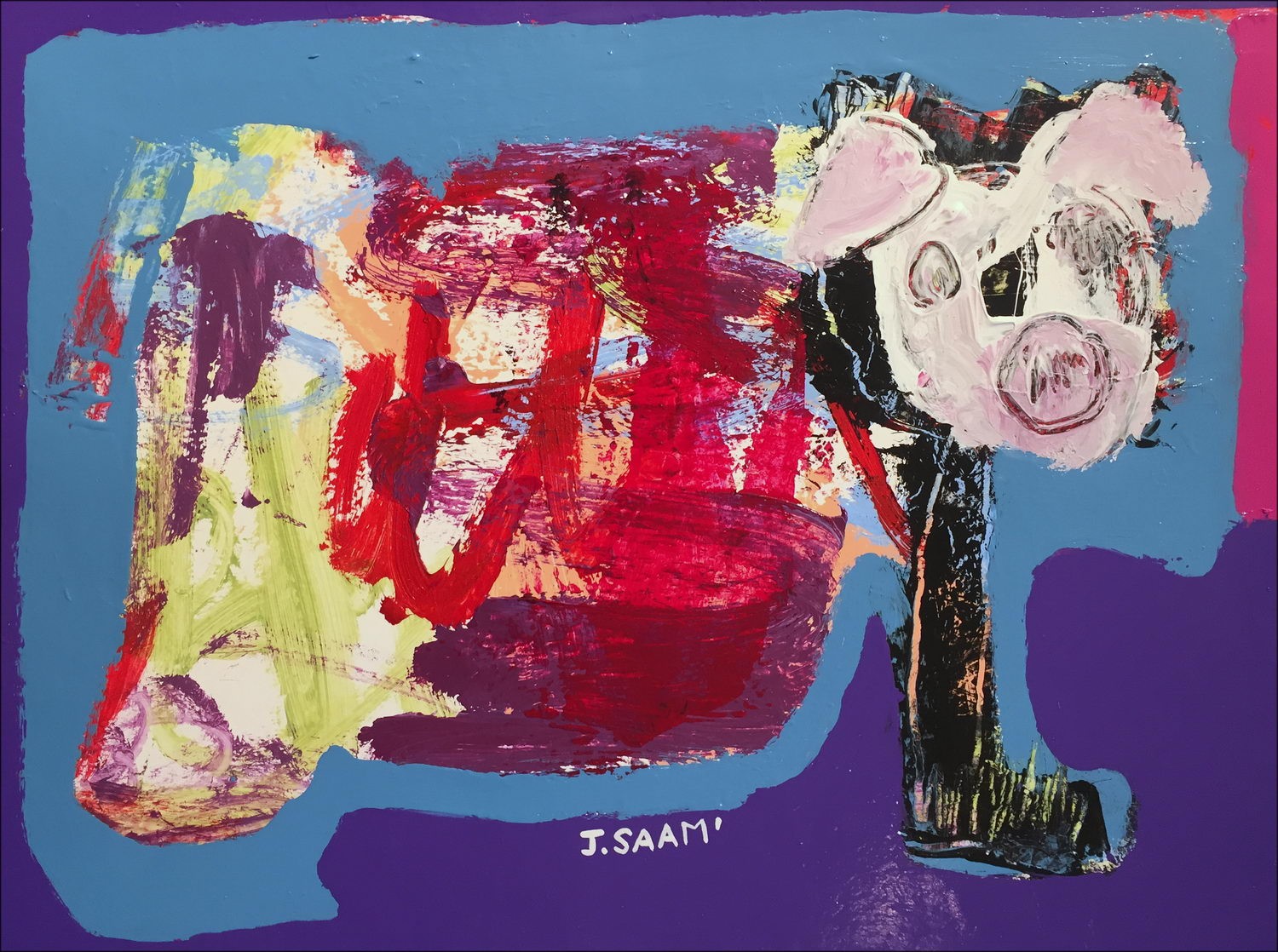 Jérôme Saam - Dibujo original con acrílico sobre papel "Cerdo vasco en la granja" 24x32cm