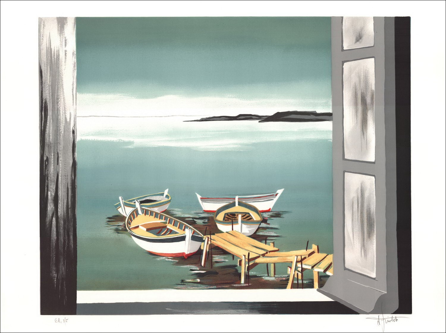 Jean Trielet - Litografia originale "Le barche" 56x76cm, firmate e numerate a matita dall'artista
