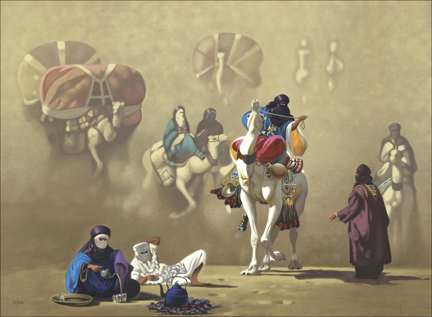 Hocine Ziani - Litografia originale "L'incontro" 56x76cm