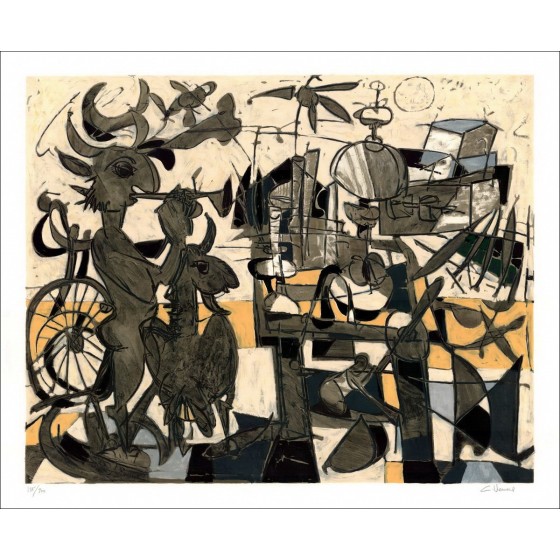 Erwerbende Original-Lithographie von Claude Venard Große Komposition mit Wildtiere