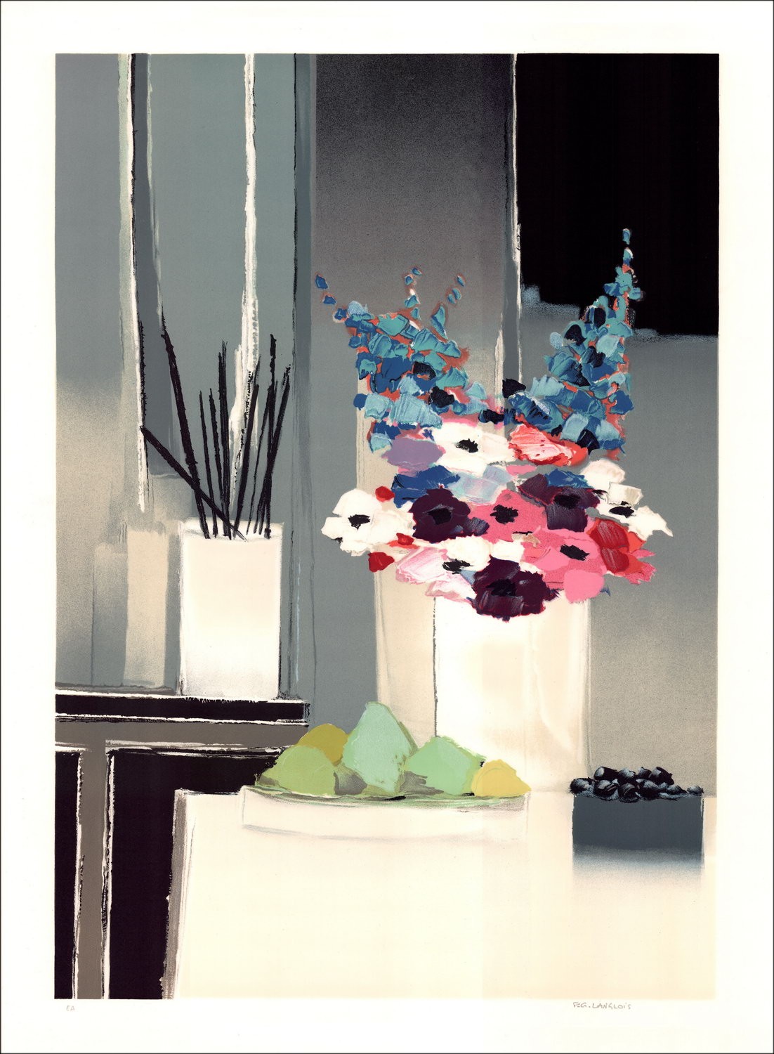 Pierre-Gérard Langlois - Litografia originale "Bouquet e spazzole" 76x55cm, firmato e numerato a matita dall'artista