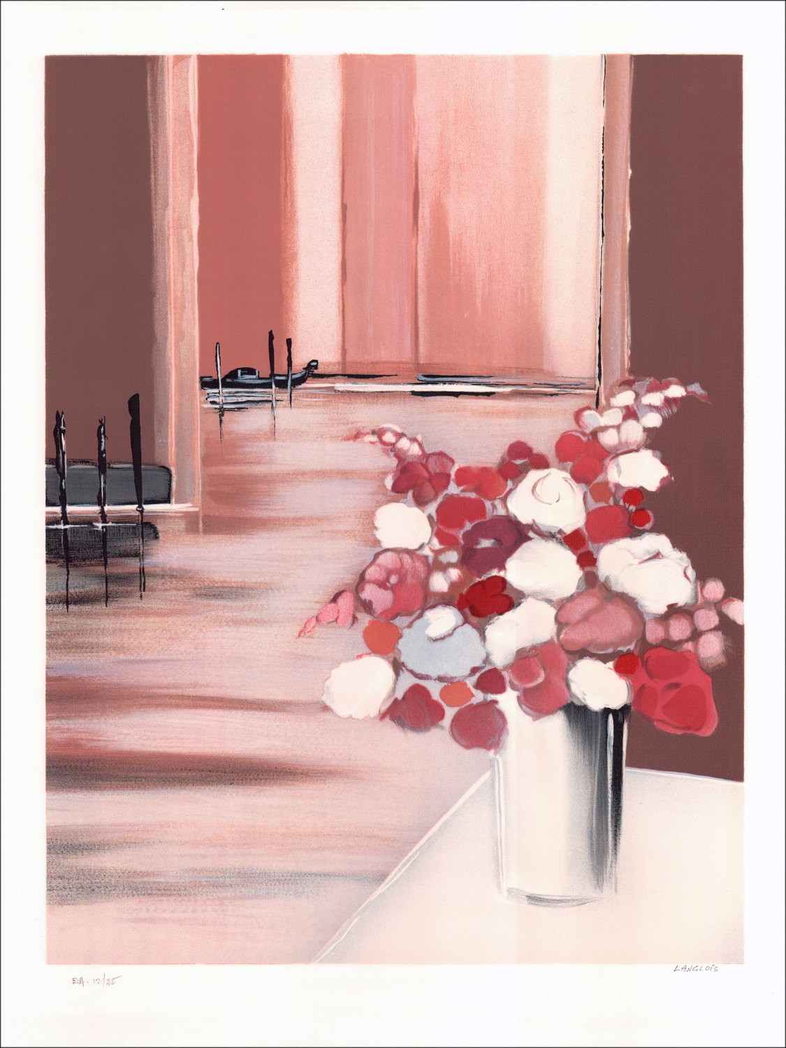 Pierre-Gérard Langlois - Litografia originale "Bouquet a Venezia" 76x55cm, firmato e numerato a matita dall'artista
