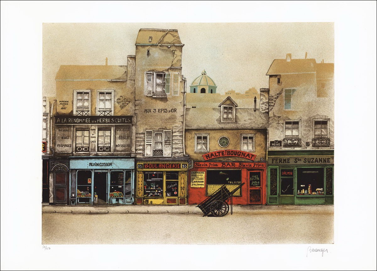 Straße einkaufen - Original-Lithographie nummeriert und in Bleistift vom Künstler unterzeichnet - Budgetbereich, kleiner Preis, 