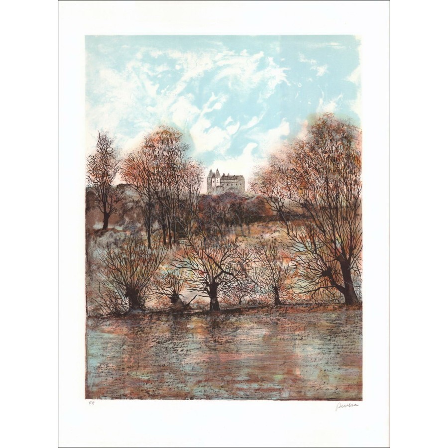 Antonio RIVERA - Lith Origin Originele "Landschap aan de oever" gesigneerd met potlood door de kunstenaar