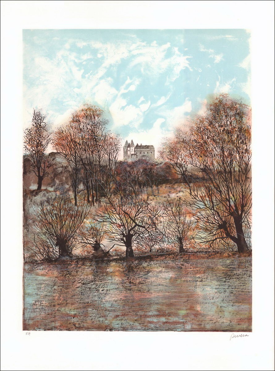 Antonio Rivera - Litografia originale "Paesaggio al castello" firmato a matita dall'artista