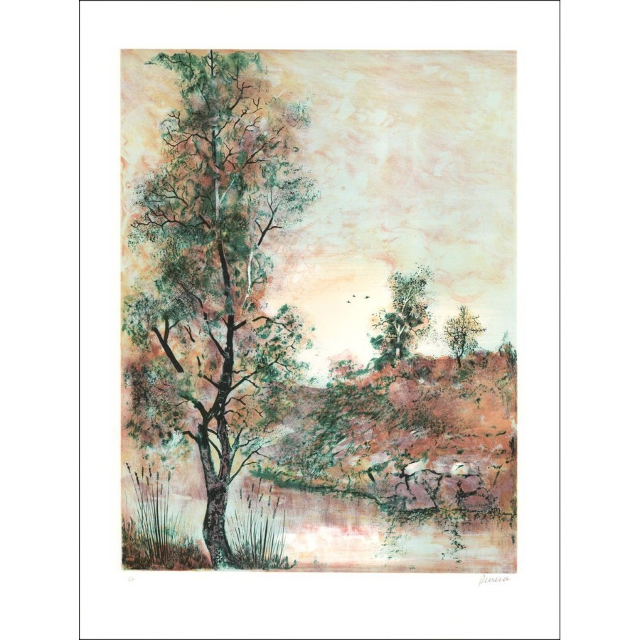 Antonio RIVERA - Lithographie Originale " Paysage en bord de rivière " signée au crayon par l'artiste