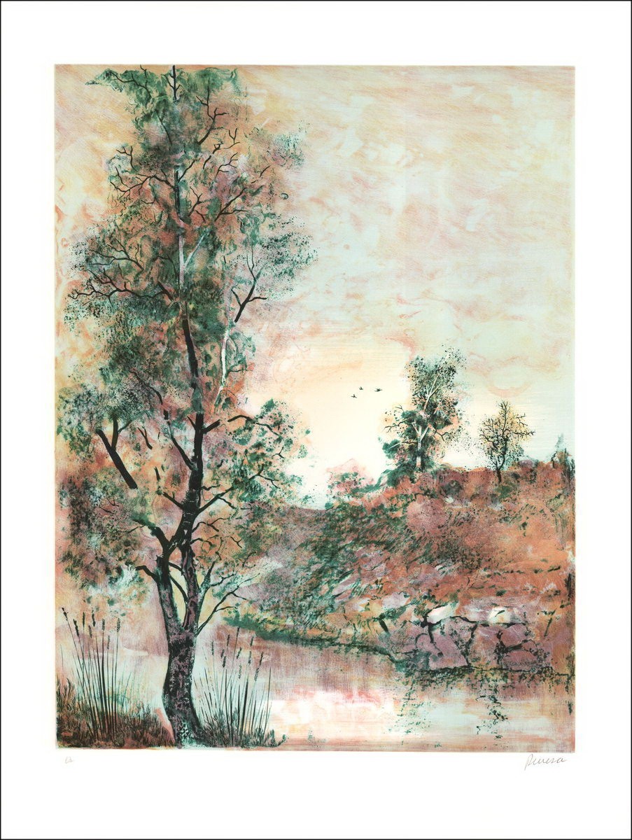 Antonio RIVERA - Lith Origin Original "Landschap aan de rivier" gesigneerd met potlood door de kunstenaar