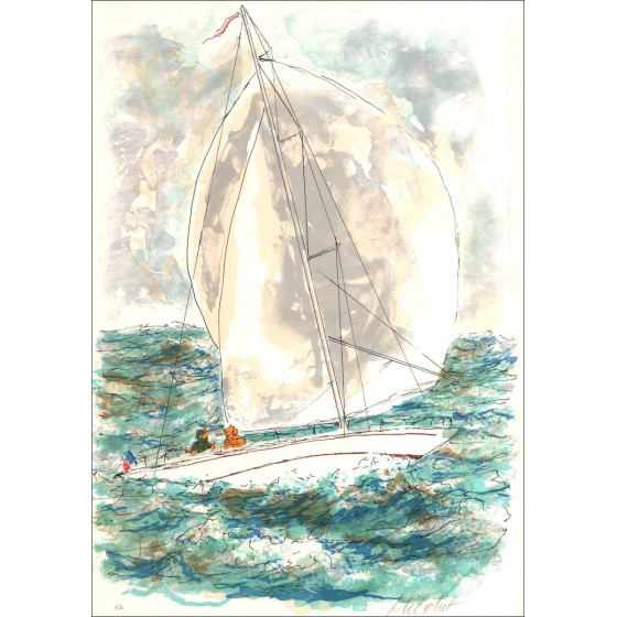 Urban HUCHET: Boote auf See, ursprüngliche Lithographie signiert