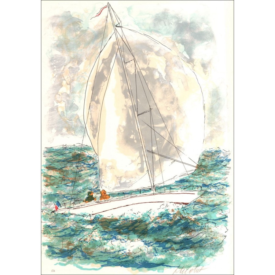 Urban Huchet: Barche in mare, Litografia firmata originale