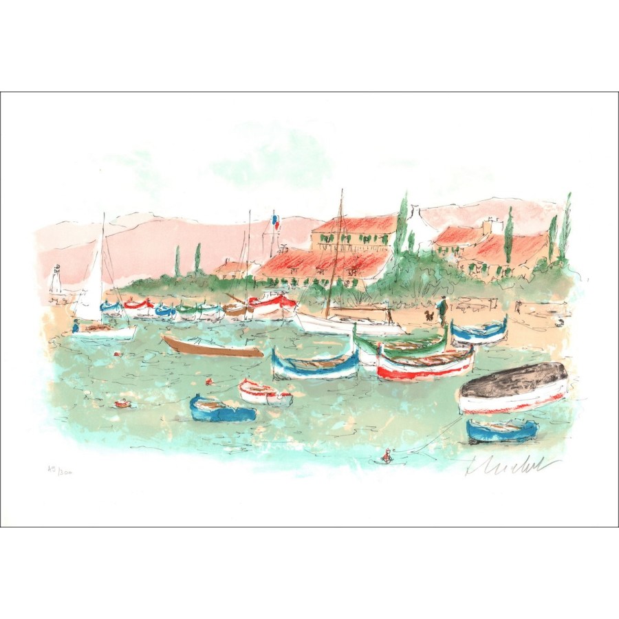 Huchet urbano: barche nel porto di pesca, litografia firmata originale