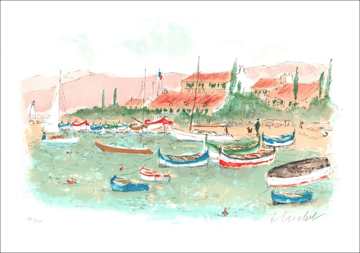 Huchet urbano: barche nel porto di pesca, litografia firmata originale