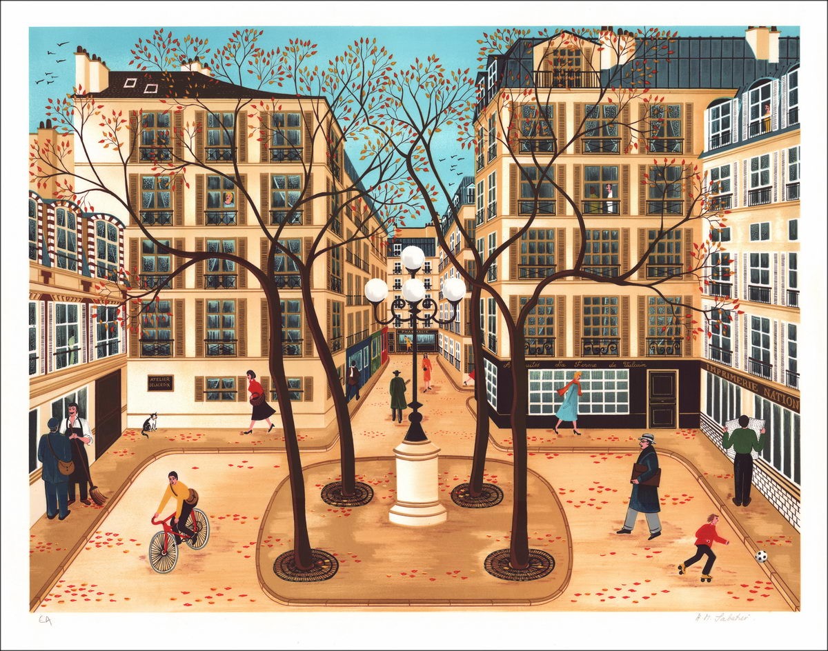 Lithographie Originale Signée et Justifiée: Scène de ville naïve place de la ville