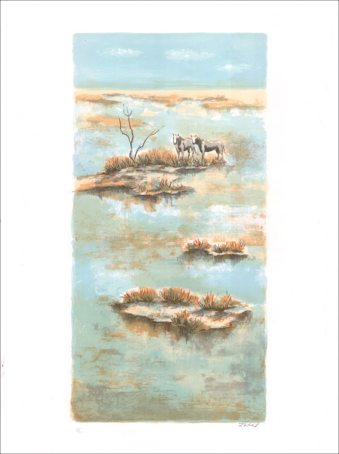 ZAROU : Pferde in Camargue - Original Lithographie in Bleistift signiert