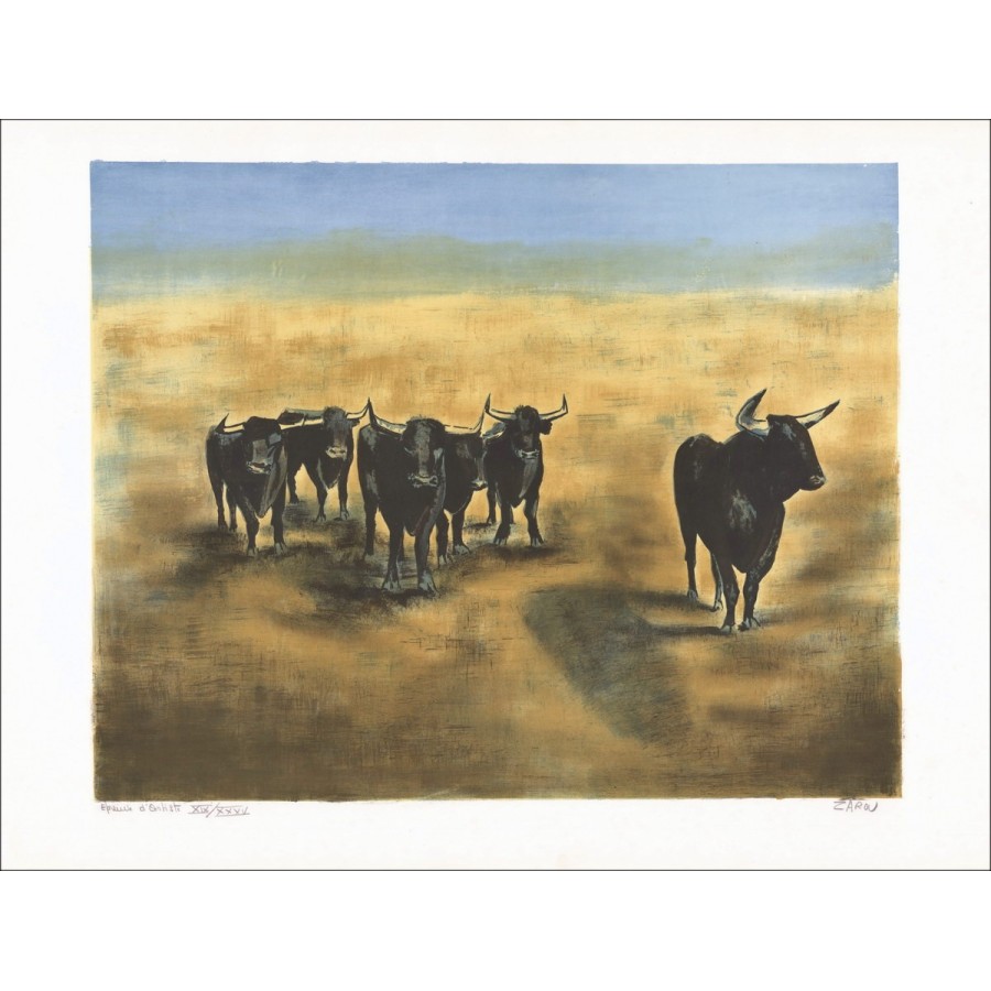 ZAROU : Taureaux en Camargue - lithographie originale signée au crayon