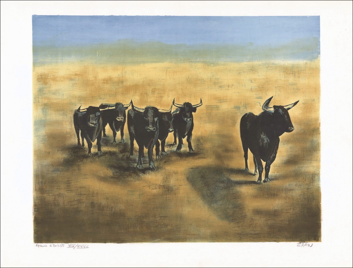 ZAROU : Bullen in Camargue - Original Lithographie in Bleistift signiert
