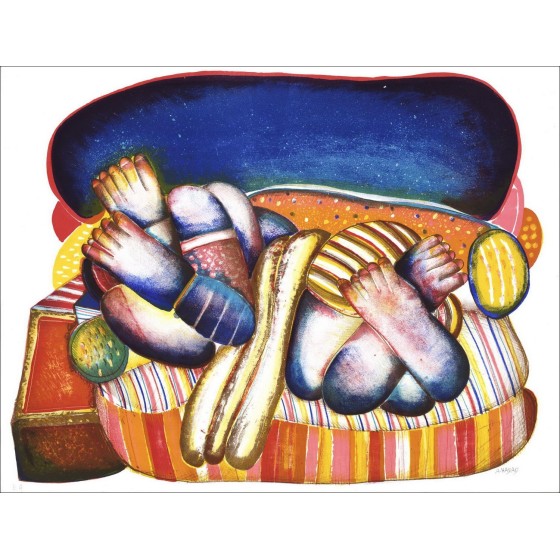 Abraham HADAD - Lith Origin Original "La plage" 50x65cm - Getekend en genummerd met potlood