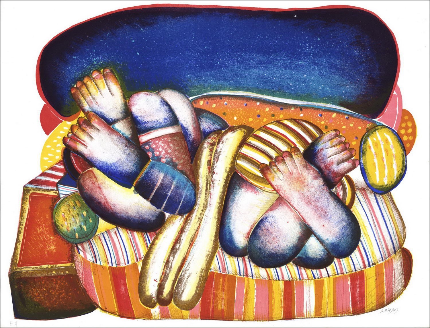 Abraham HADAD - Lithographie Originale "La plage" 50x65cm - Signée et numérotée au crayon