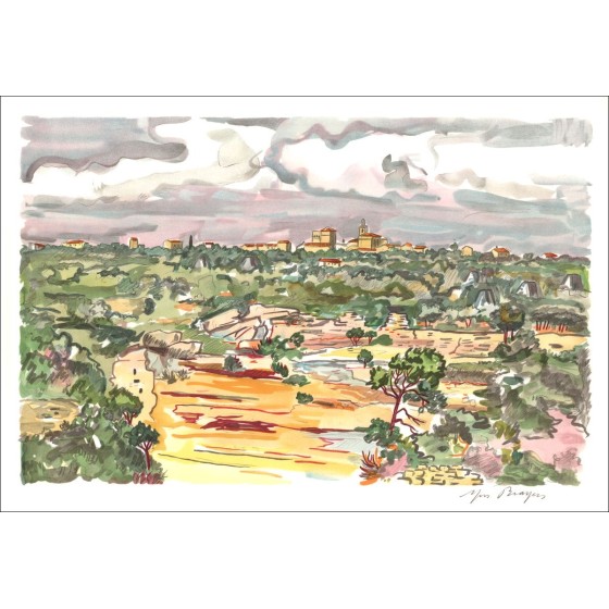 Litografía Yves Baja comprando el pueblo Vista de Provence 