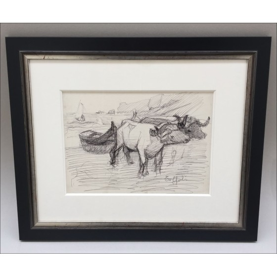 Koop Oorspronkelijke inktekening China Louis Tfra_LatnFOLI Stieren die een boot trekken