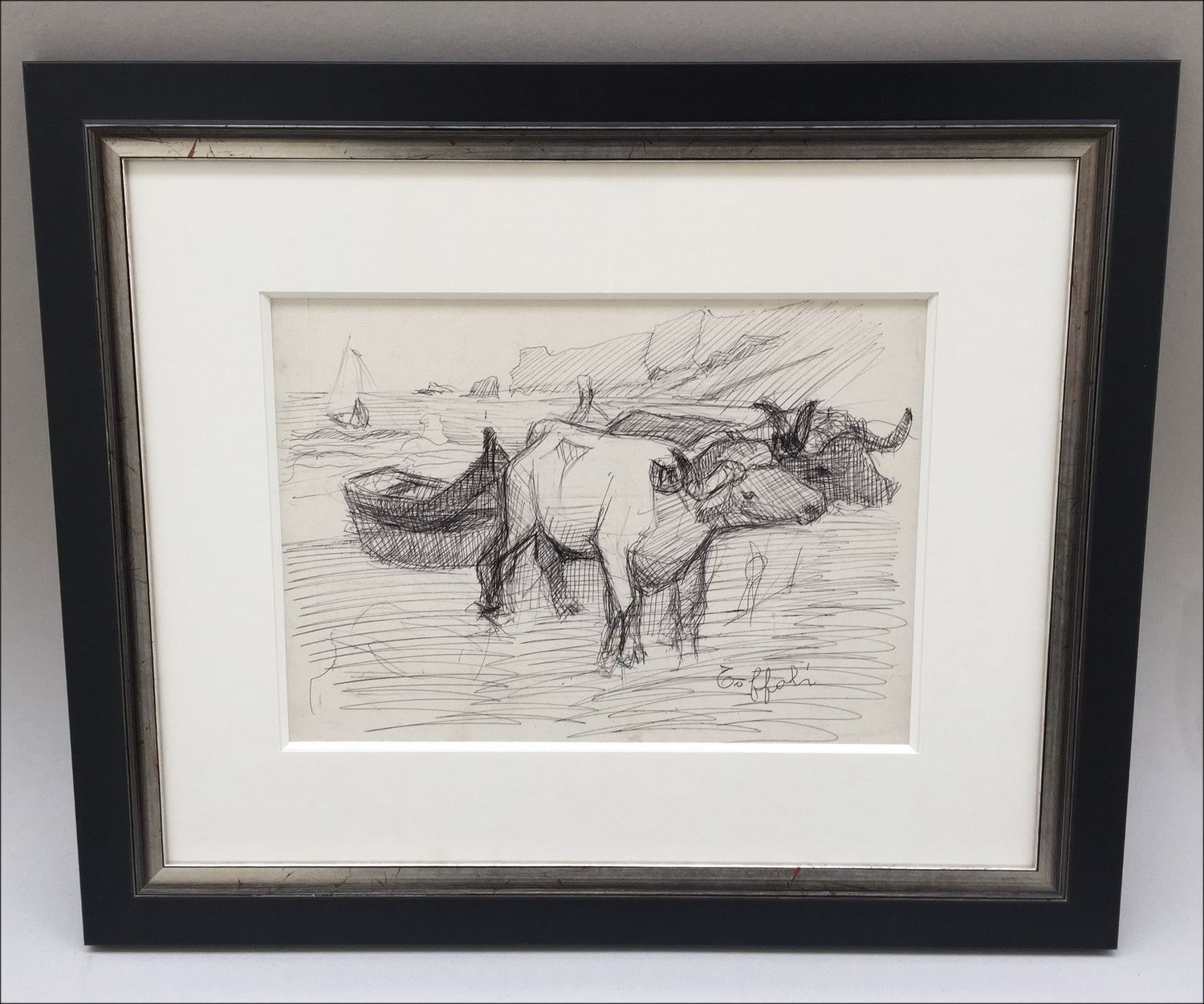 Koop Oorspronkelijke inktekening China Louis Tfra_LatnFOLI Stieren die een boot trekken