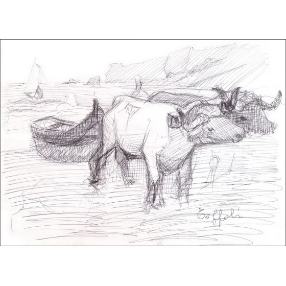 Purchase of Original Ink Drawing by Louis TOFFOLI "Oxen pulling a boat"
