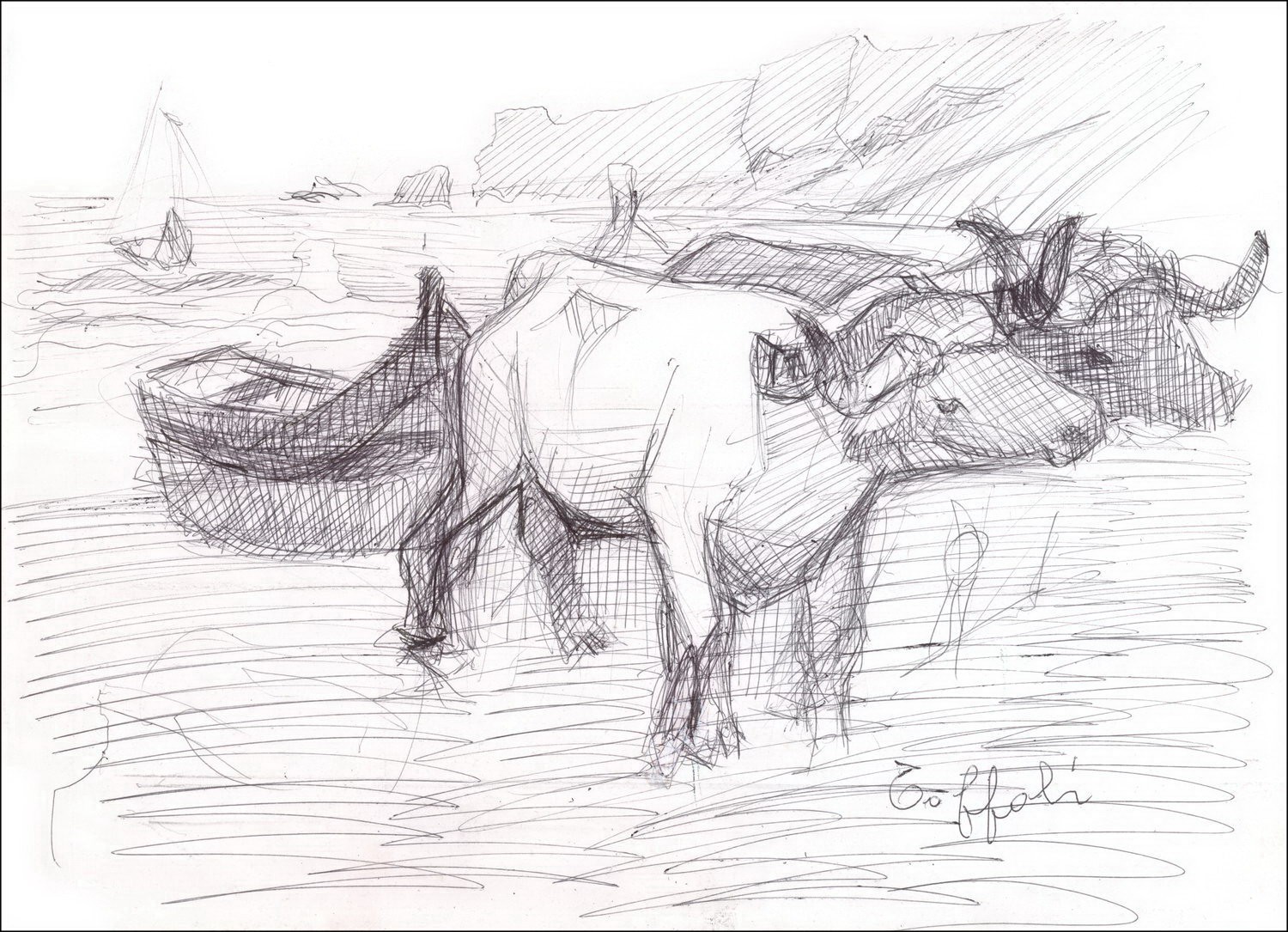 Comprar dibujo original en tinta China Louis Toffoli Oxen tirando de un barco