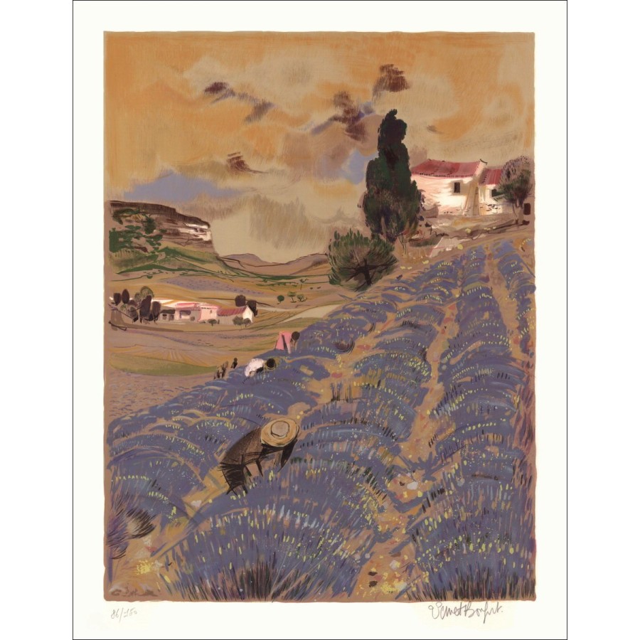 Robert Vernet Bonfort - Litografía original "El campo de lavanda" numerado y firmado en lápiz
