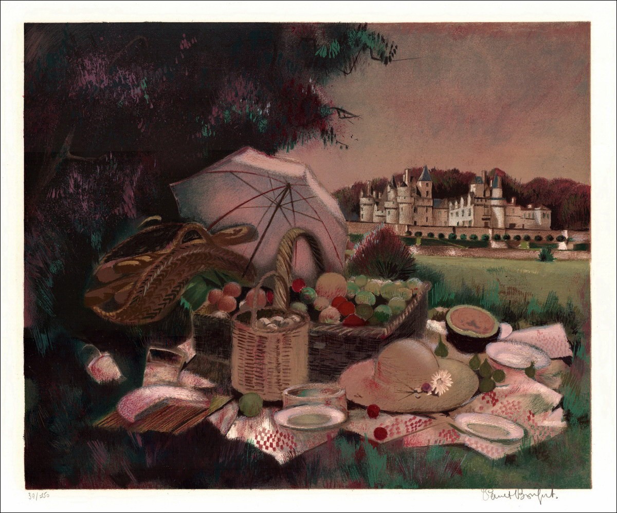 Robert Vernet Blort - Litografía original "Picnic en el castillo" numerada y firmada en lápiz