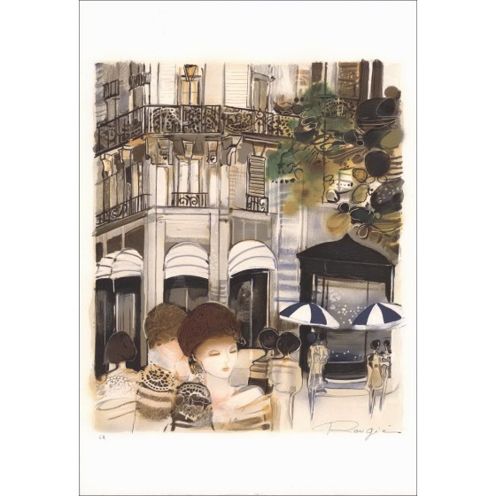 Joel Rougie - Litografía original "En la terraza" 55x38 cm - Firmado en lápiz