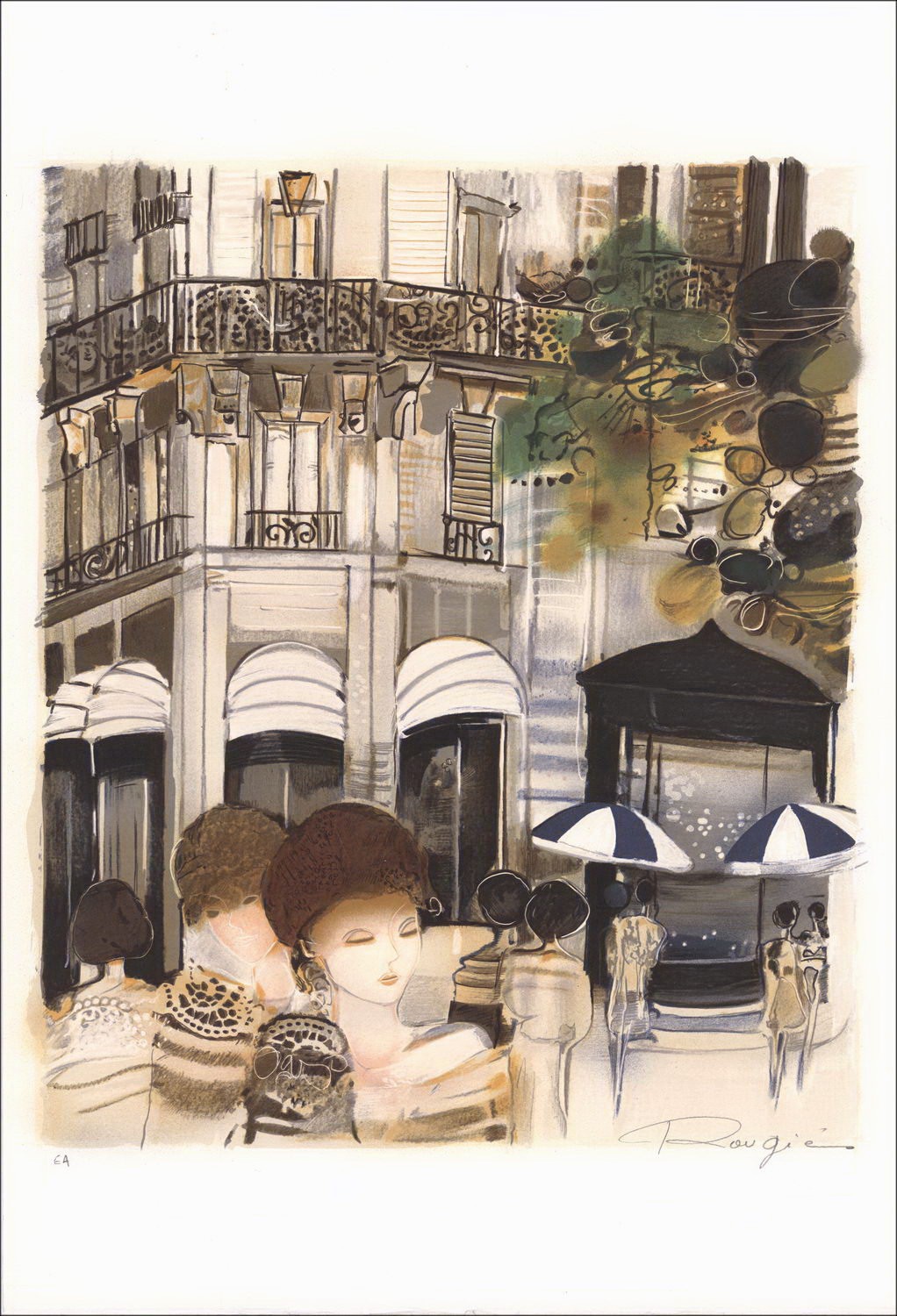 Joel Rougie - Litografia originale "sulla terrazza" 55x38 cm - firmato a matita