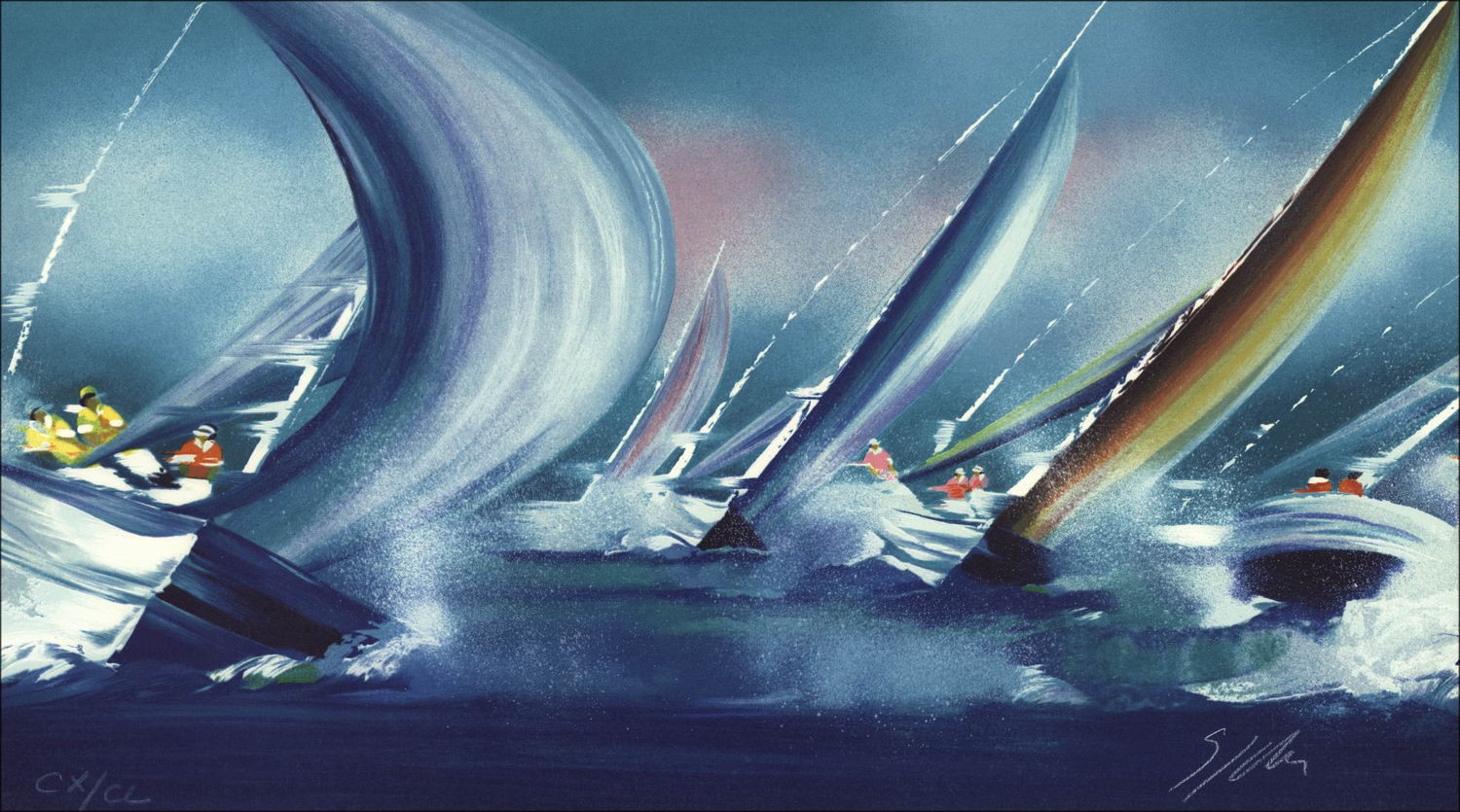 Victor SPAHN - Original Lithograph " Sailboats III " 30x53cm