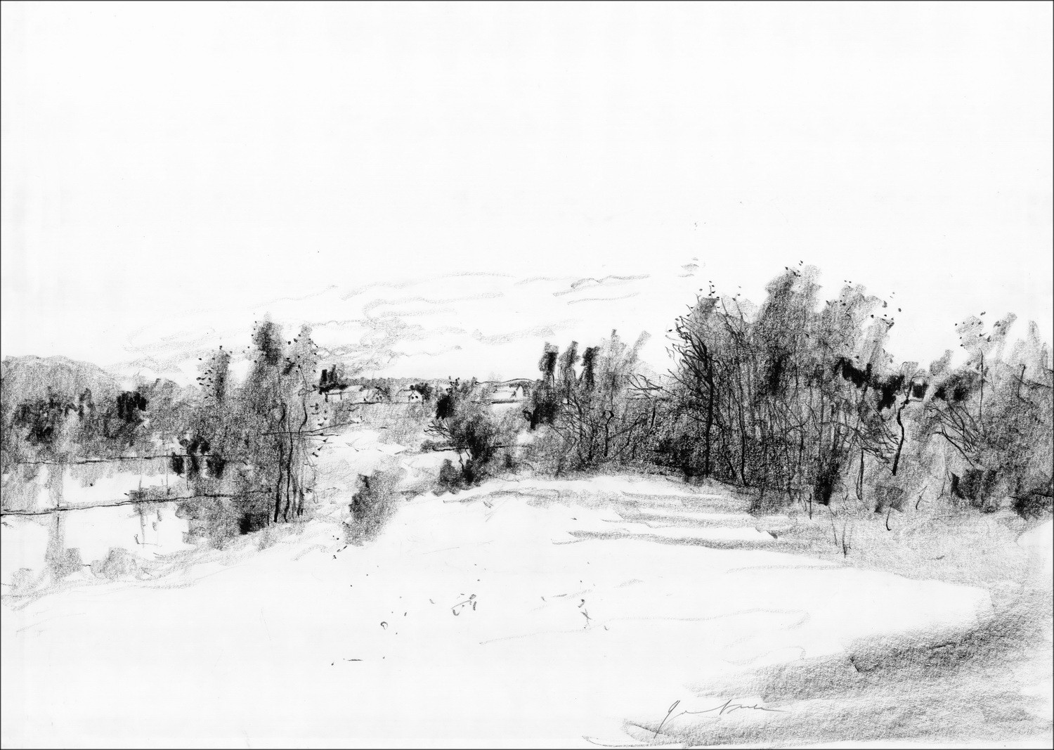 Buy Bernard GANTNER Landscape Original charcoal drawing signed