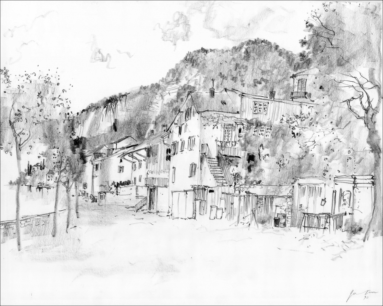 Acheter Le village Bernard GANTNER Dessin original au fusain signé