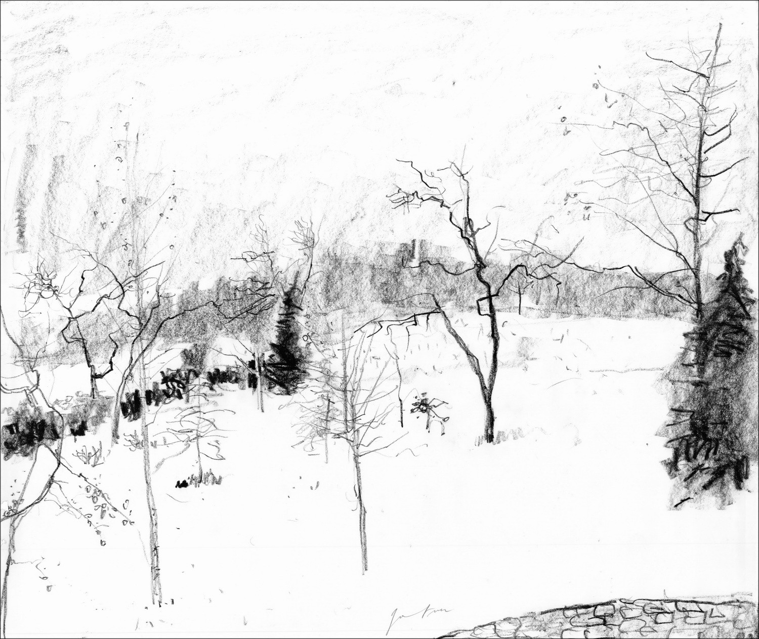 Achat Paysage enneigé de Bernard GANTNER Dessin original au fusain signé