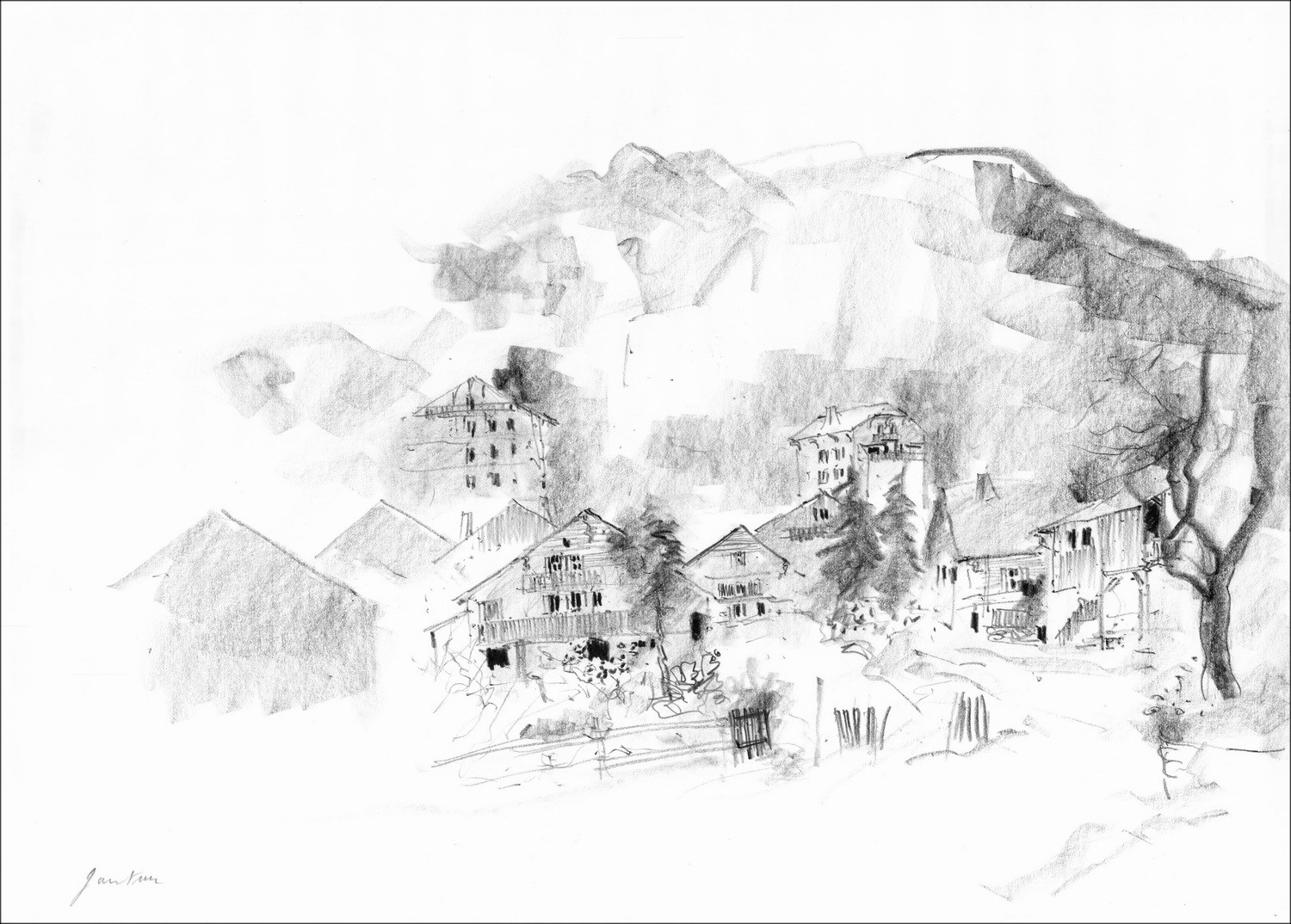 Comprar Bernard Gantner Mountain Village Dibujo original con leña firmada