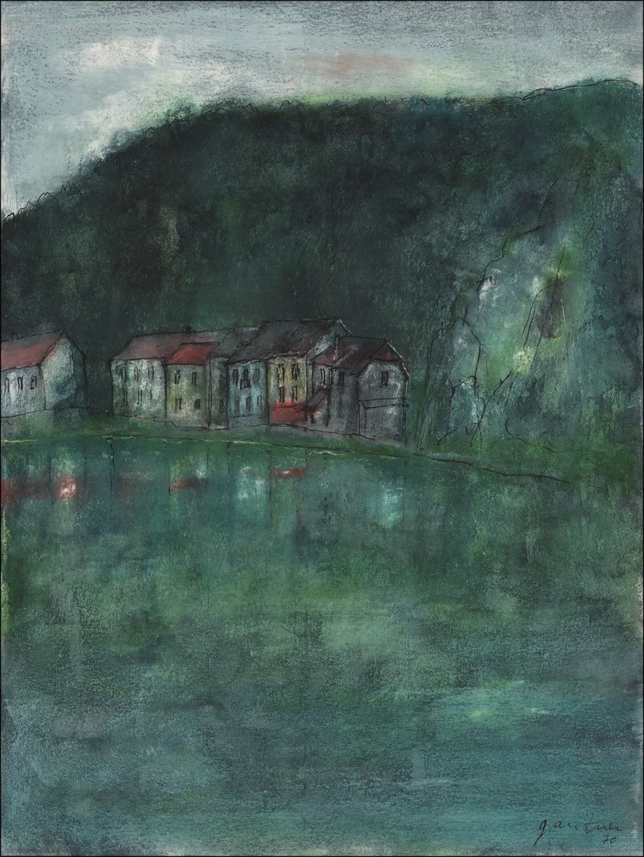 Acheter Bernard GANTNER Village en bord de rivière aquarelle originale
