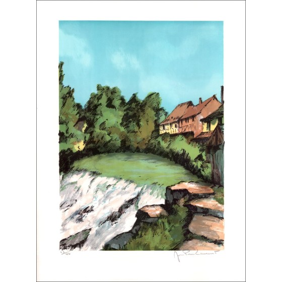 Paysage d'Alsace - Lithographie Originale numérotée et signée au crayon par l'artiste - Gamme Budget, petit prix, décoration, 
