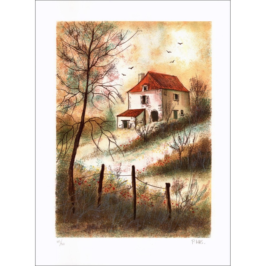 Pierre Mas - Original-Lithographie "Landhaus" 75x54cm