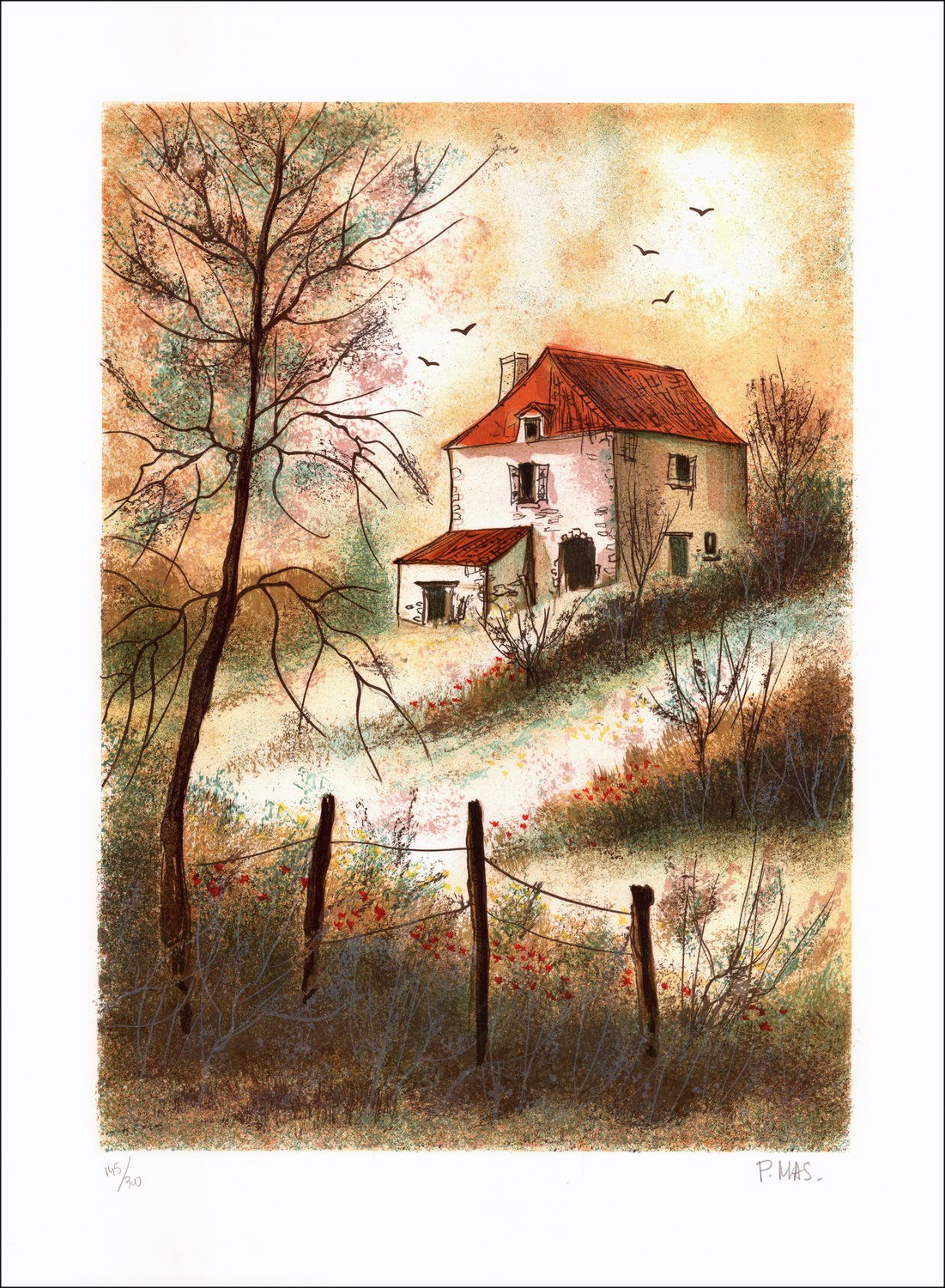 Olivier MAS - Lithographie Originale "Maison de campagne" 75x54cm
