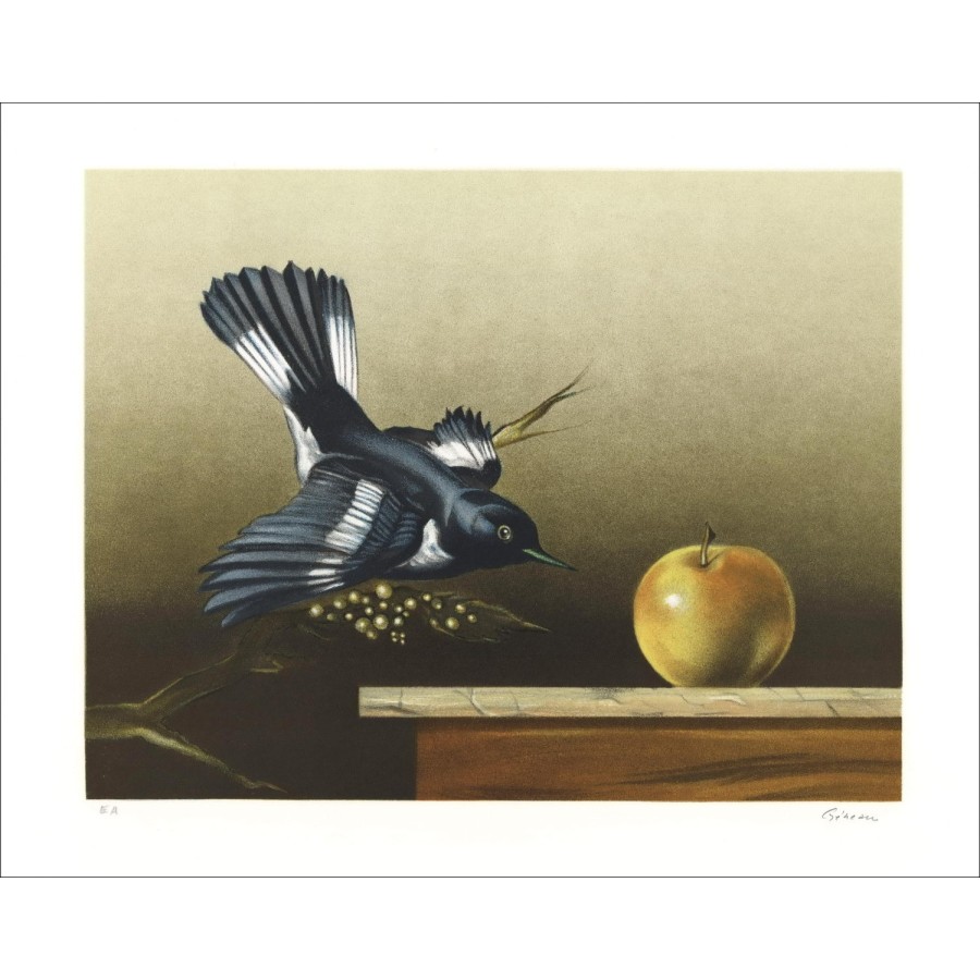 L'oiseau et la pomme - Lithographie Originale numérotée et signée au crayon par l'artiste - Gamme Budget, petit prix, décorati