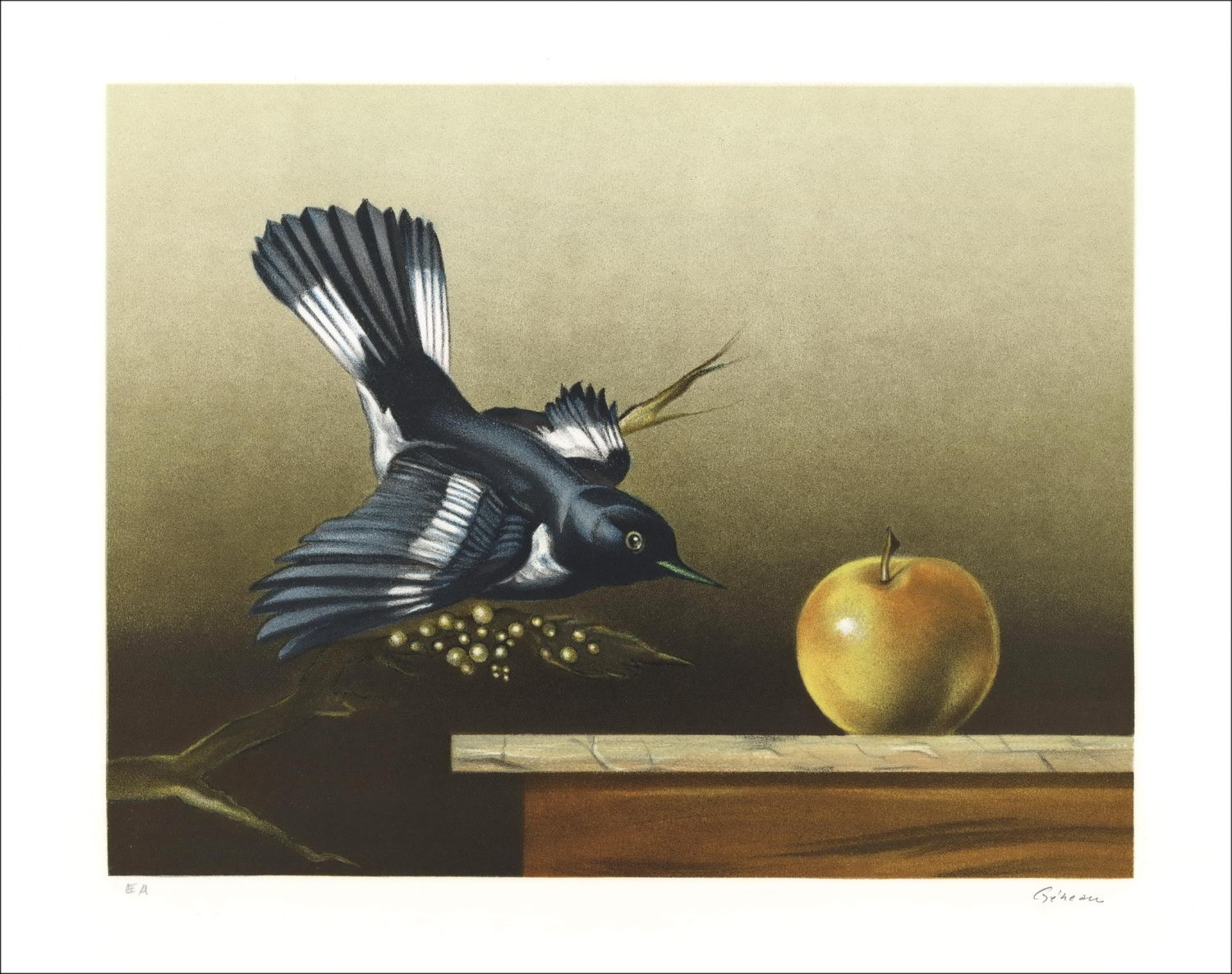 L'oiseau et la pomme - Lithographie Originale numérotée et signée au crayon par l'artiste - Gamme Budget, petit prix, décorati