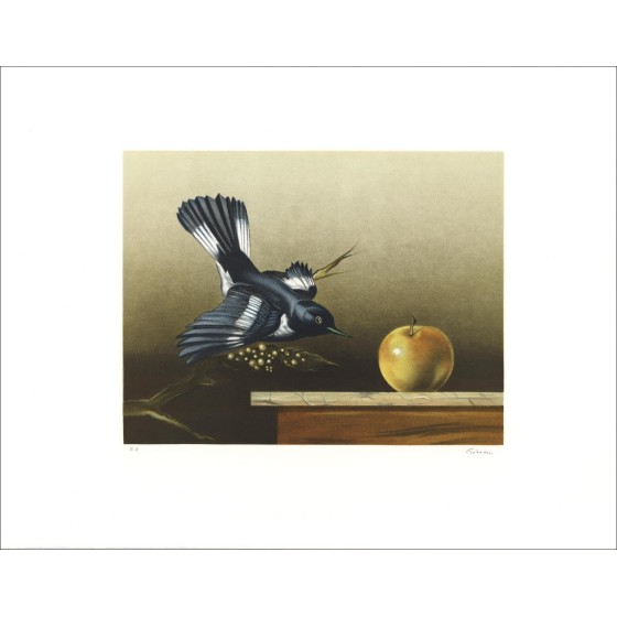 L'oiseau et la pomme - Lithographie Originale numérotée et signée au crayon par l'artiste - Gamme Budget, petit prix, décorati