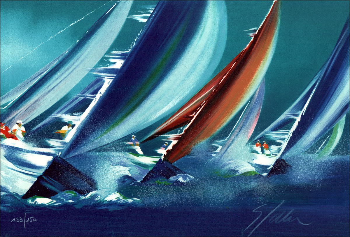Victor Spahn - Litografia originale "Barche a vela II" 30x44cm