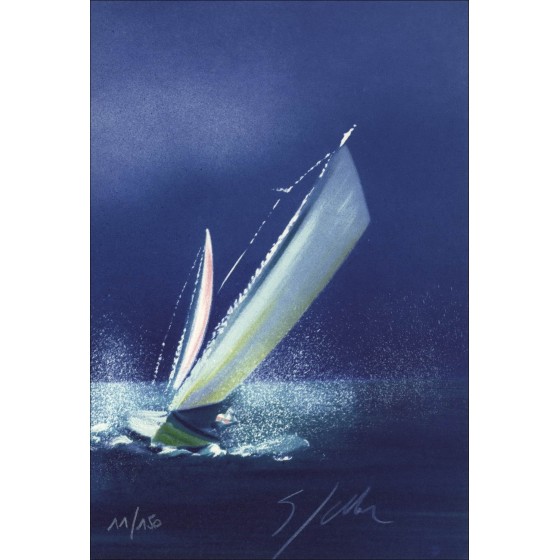 Victor Spahn - Litografia originale "Barche a vela IV" 26x17cm