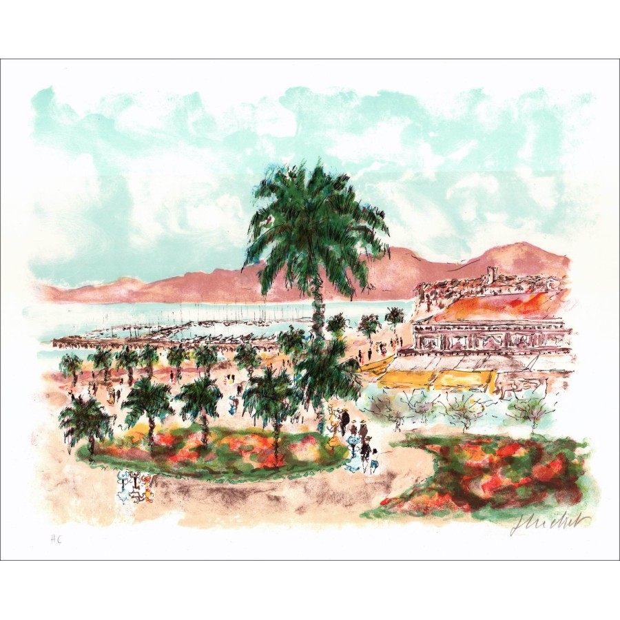 Stedelijke Huchet: Côte d'Azur, Lavandou, Originele lithografie ondertekend 50 x 65 cm