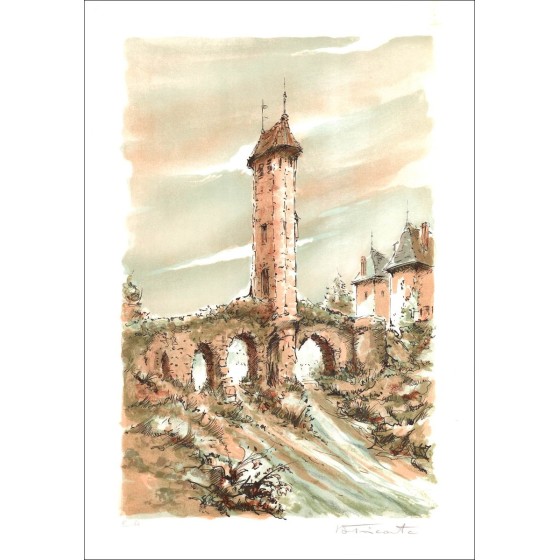 Versterkt dorp - Originele litho genummerd en ondertekend in potlood door de kunstenaar - Budgetbereik, Kleine prijs, decoratie,