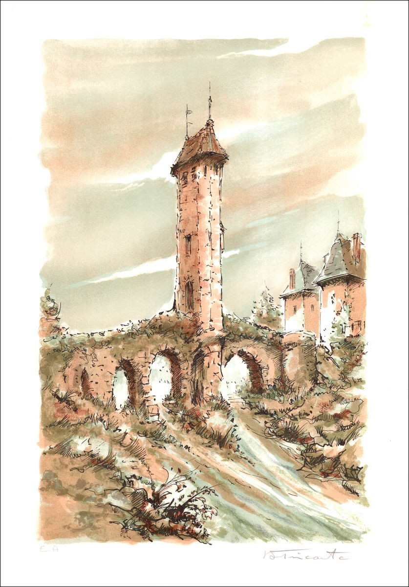 Befestigungsdorf - Original-Lithographie nummeriert und in Bleistift vom Künstler unterzeichnet - Budgetbereich, kleiner Preis, 