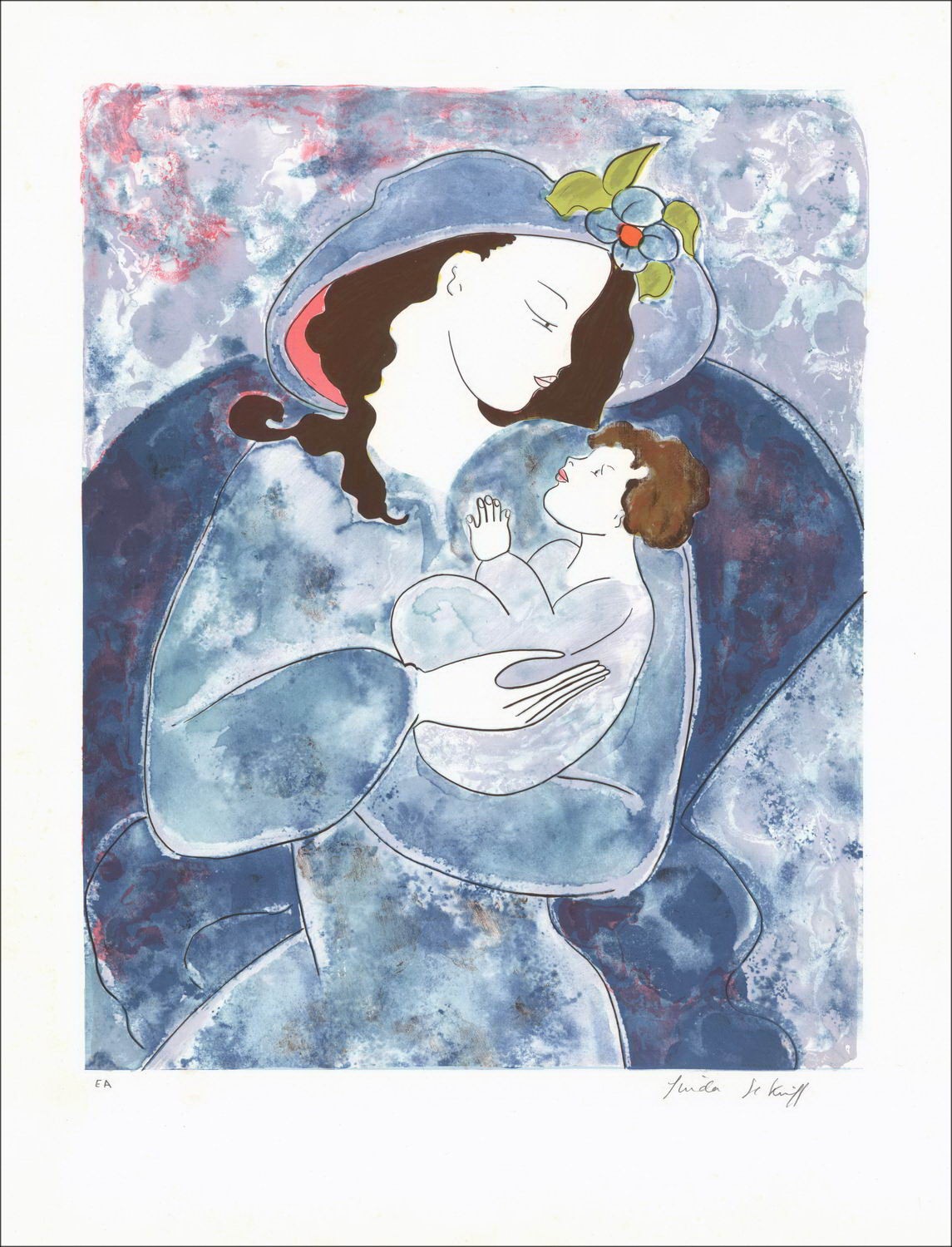 Linda Le KINFF - Lithographie Originale "Femme et enfant" 65x50cm