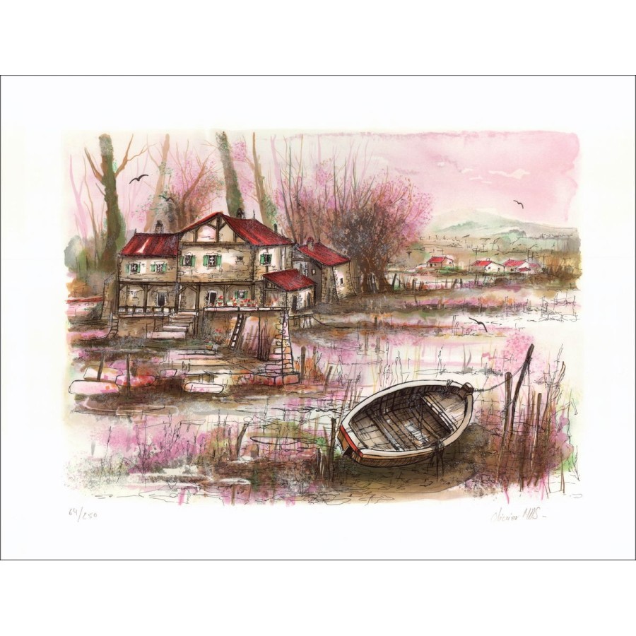 Barque at low tide - Original Lithograph numbered and signed in pencil by the artist - Range Budget, small prize, decoratio