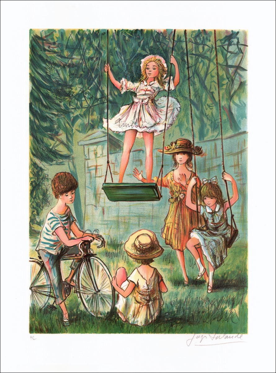 The children in the swing - Original Lithograph numbered and signed in pencil by the artist - Budget range, small prize, de